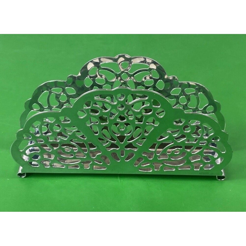 Vintage Irvin Ware USA Chrome/Silver Lace Filigree Napkin Holder/Letter Holder